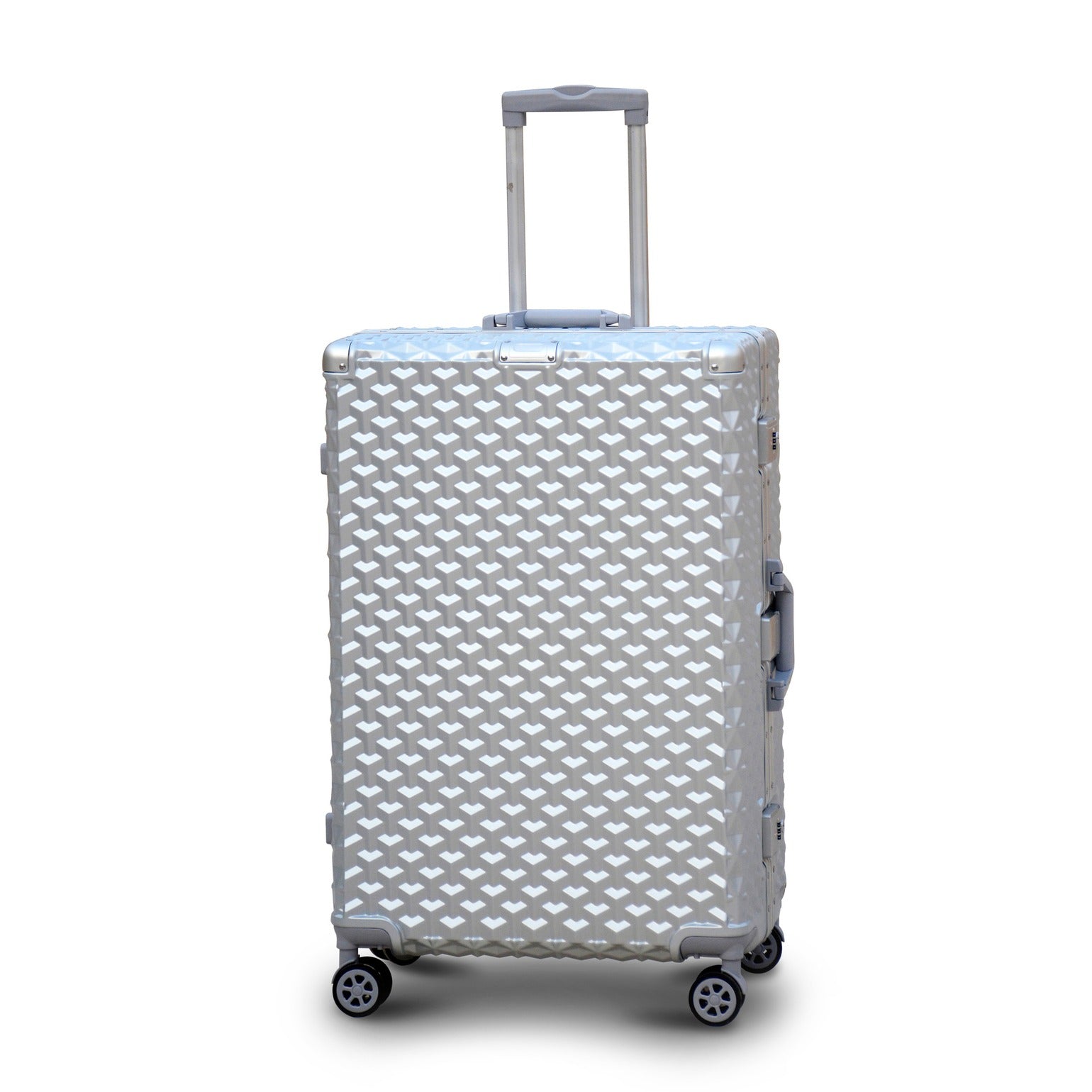 28" Silver Aluminium Framed 3D Diamond Hard Shell Without Zipper TSA Checked Luggage
