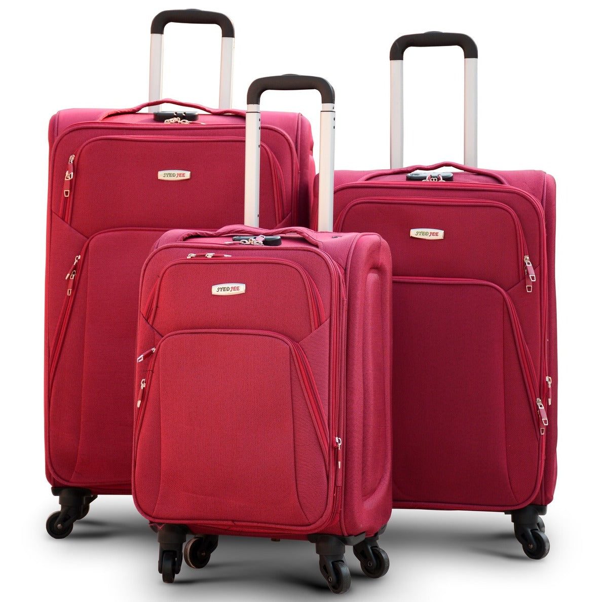 3 Piece Full Set 20" 24" 28 Inches Red Colour SJ JIAN 4 Wheel Luggage Lightweight Soft Material Trolley Bag
