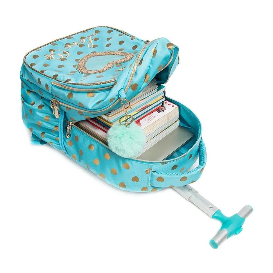 Printed Lightweight Love me Kids Rolling Backpack with School Pouch Combo Set