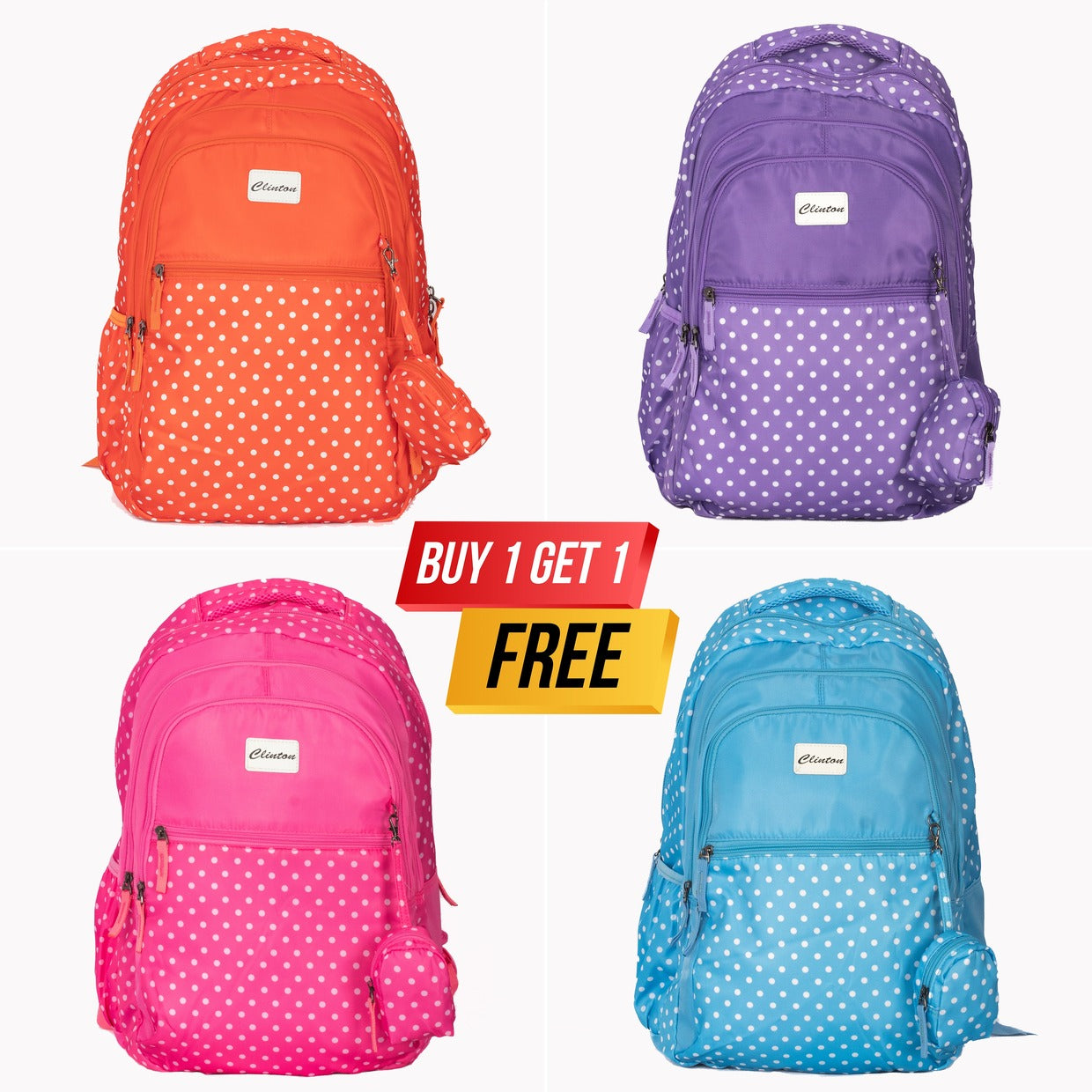 Buy 1 Get 1 Free | Multi Zipper Espiral Polka Dotted Backpack with Pouch