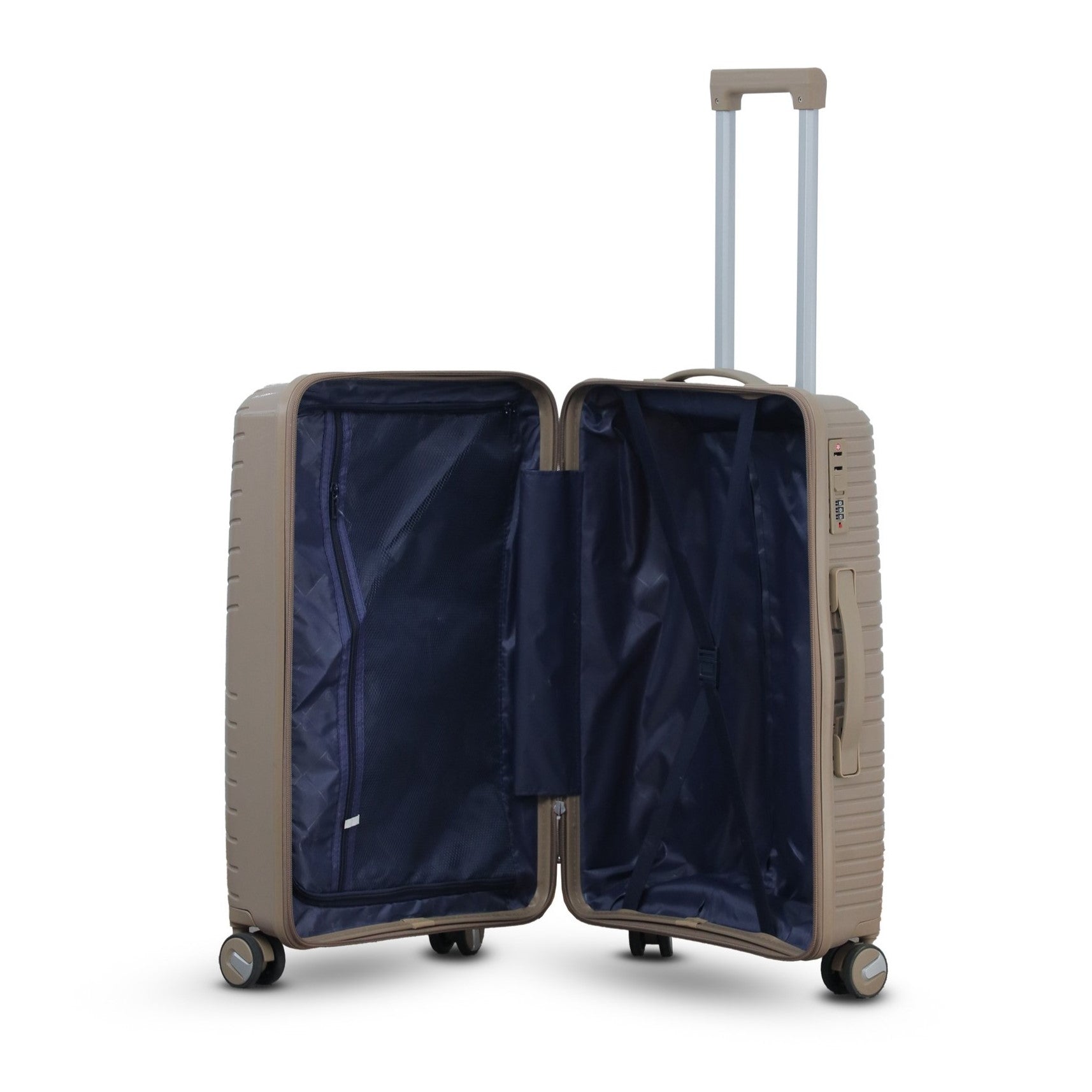 3 Piece Set 20, 24 and 28 Inches Beige Crossline PP Unbreakable Luggage Bag With Double Spinner Wheel
