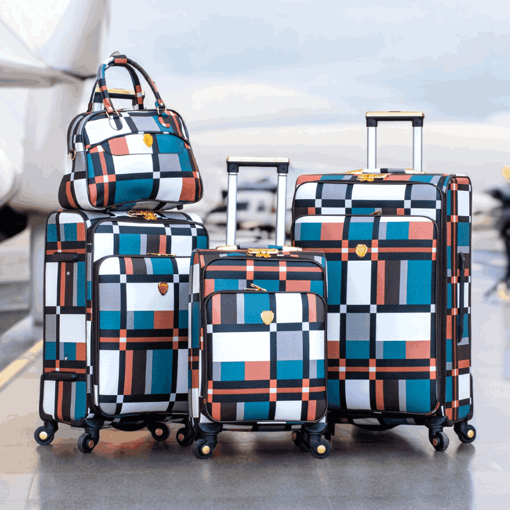 Check Design Lightweight PU Luggage with Spinner Wheel | 4 Piece Set 7, 20, 24 and 28 Inches