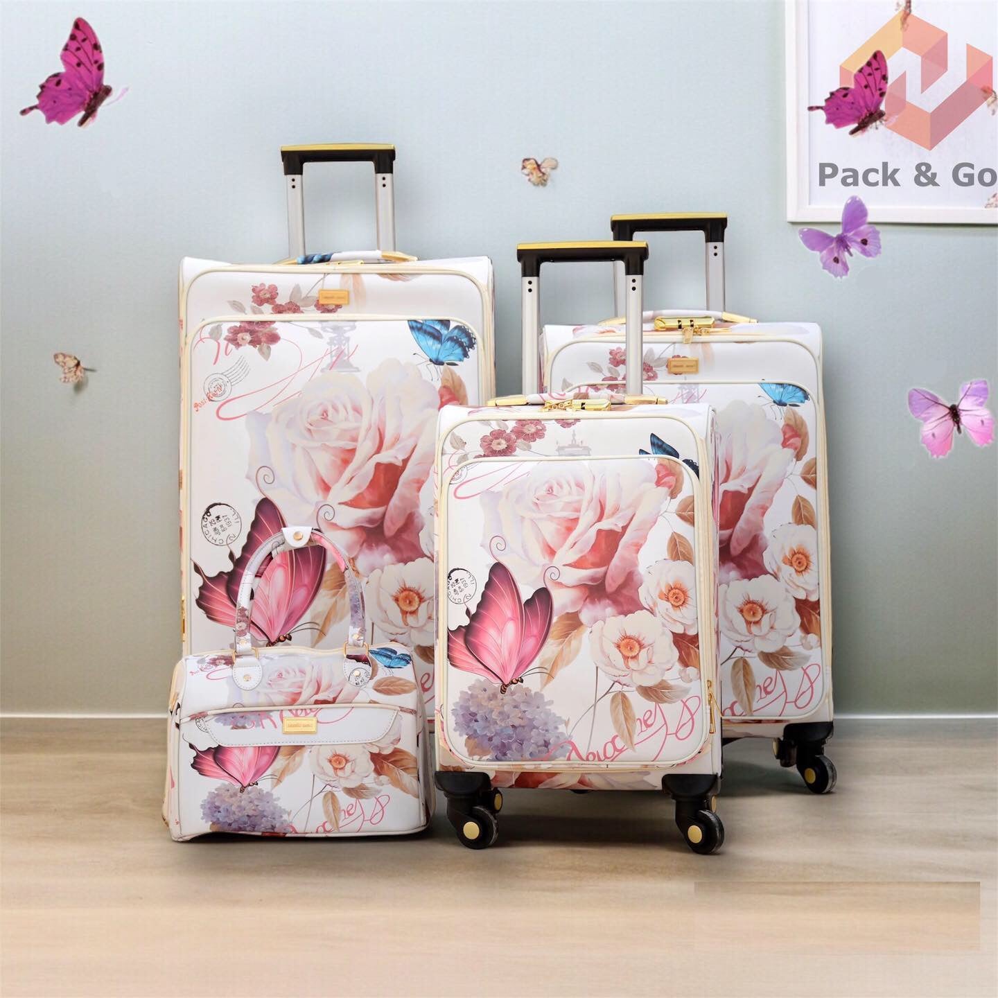 Butterfly Printed PU Leather Material Soft Shell Luggage Bag | 4 Pcs Set 7, 20, 24 and 28 inches