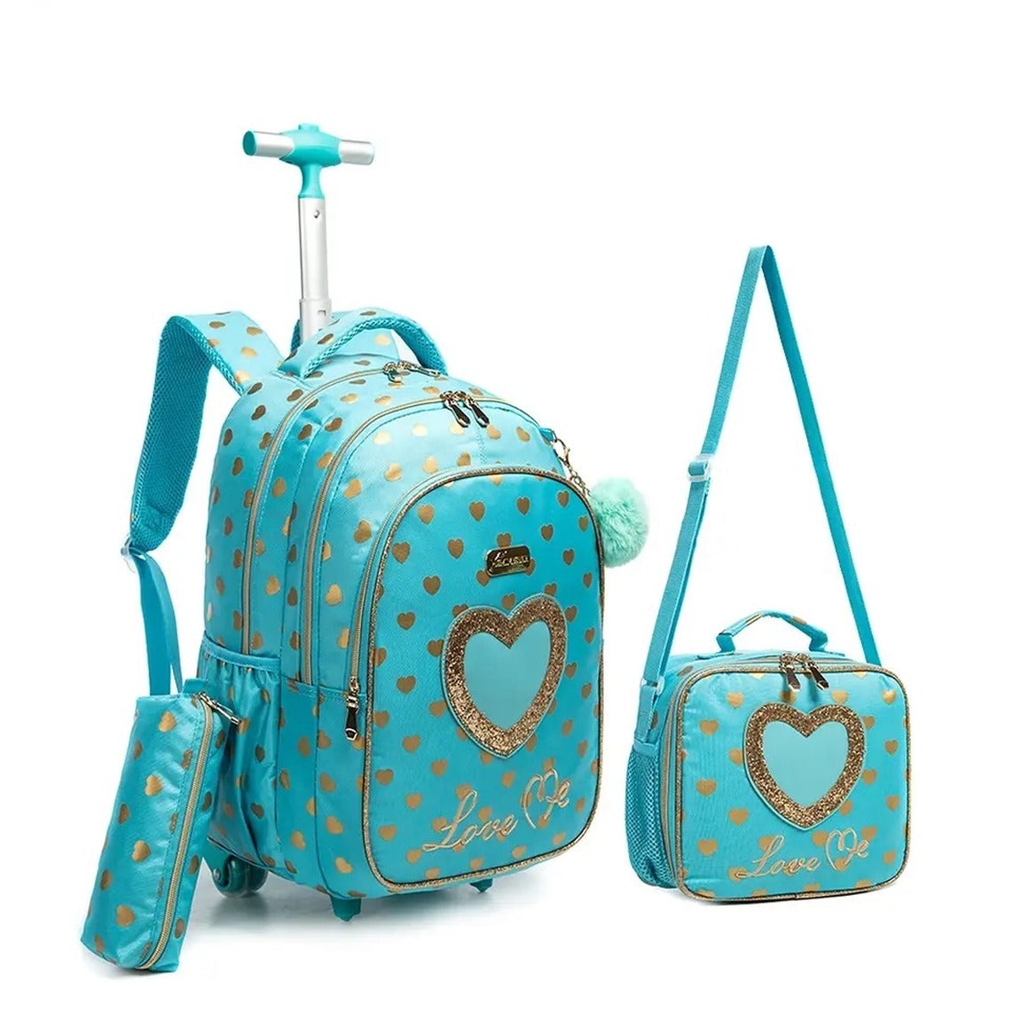 Printed Lightweight Love me Kids Rolling Backpack with School Pouch Combo Set