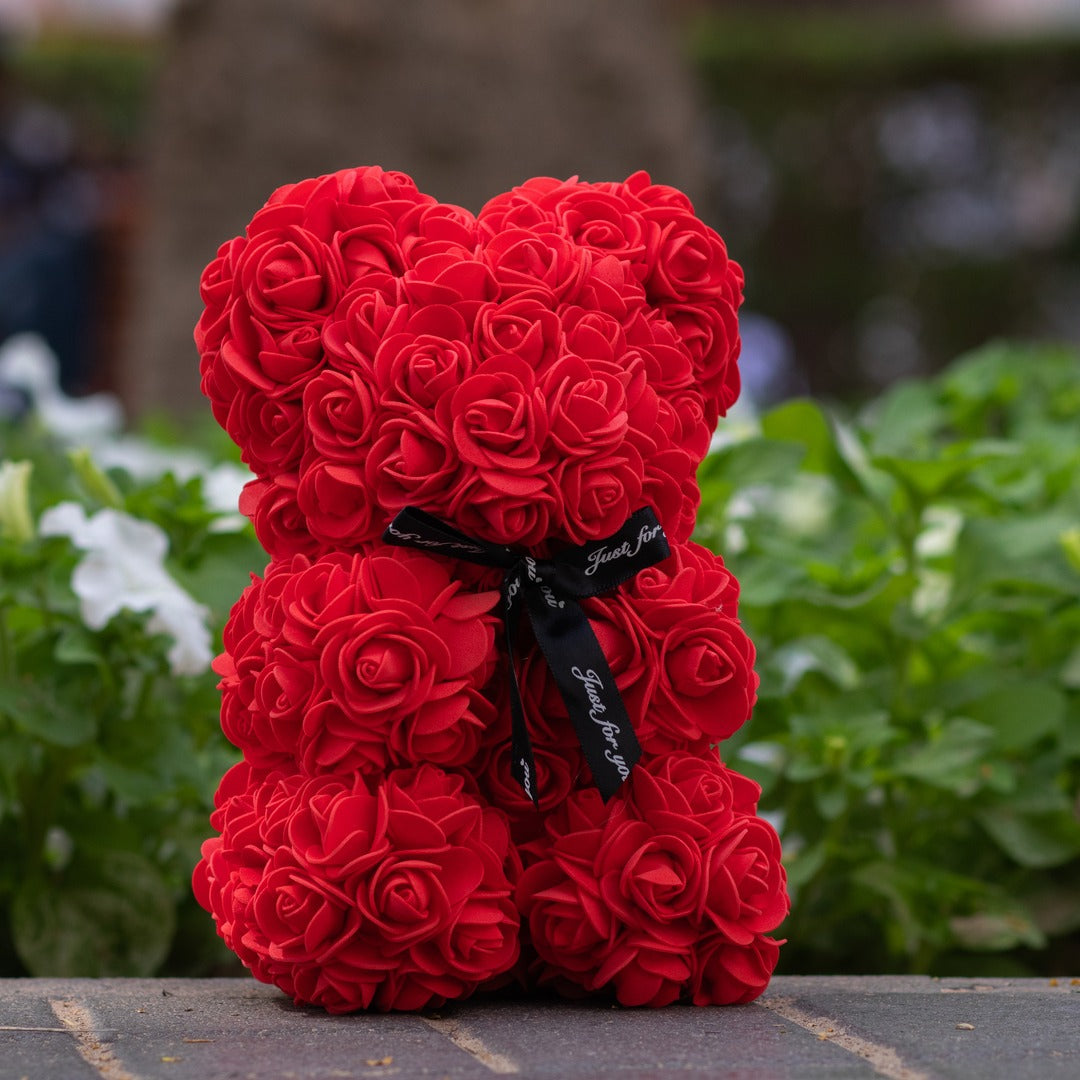 Handmade Rose Flower Teddy Bear With Bowknot Gift For Valentine's Day