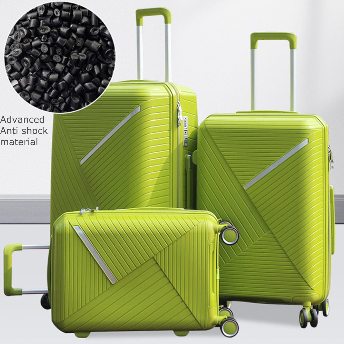 3 Piece Set 20, 24 and 28 Inches Green Advanced PP Luggage Bag With Double Spinner Wheel