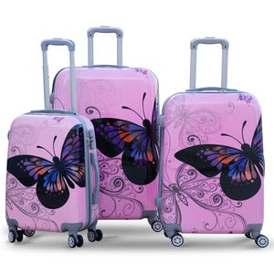 Butterfly Pink ABS Luggage 3 Piece Set 4 Wheel Printed Bag with Spinner Wheels