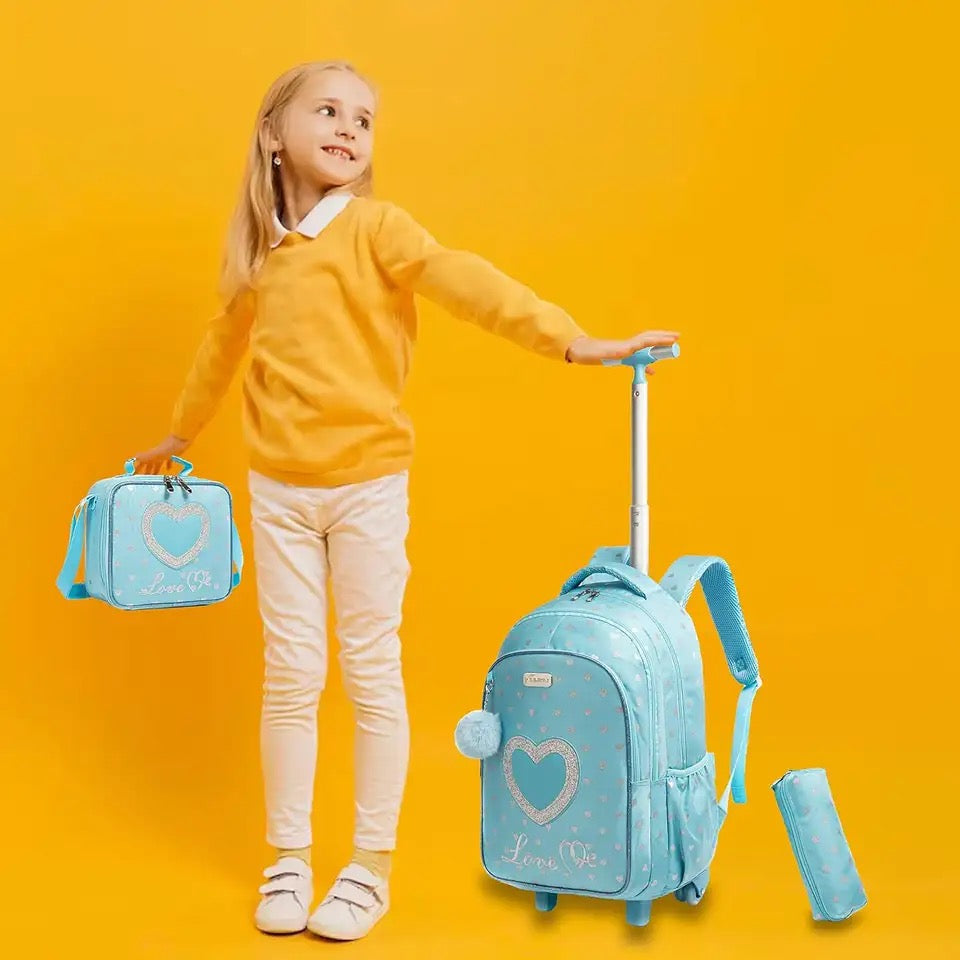 Printed Lightweight Love me Kids Rolling Backpack with School Pouch Combo Set