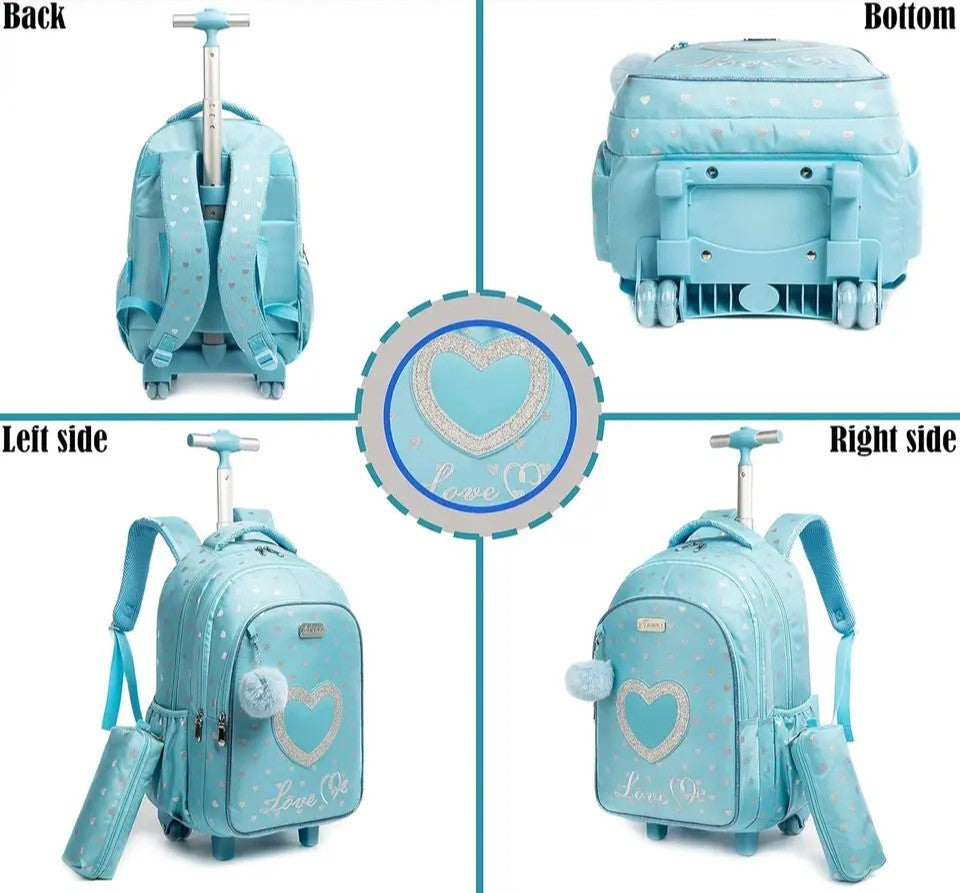Printed Lightweight Love me Kids Rolling Backpack with School Pouch Combo Set