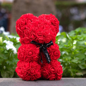 Handmade Rose Flower Teddy Bear With Bowknot Gift For Valentine's Day