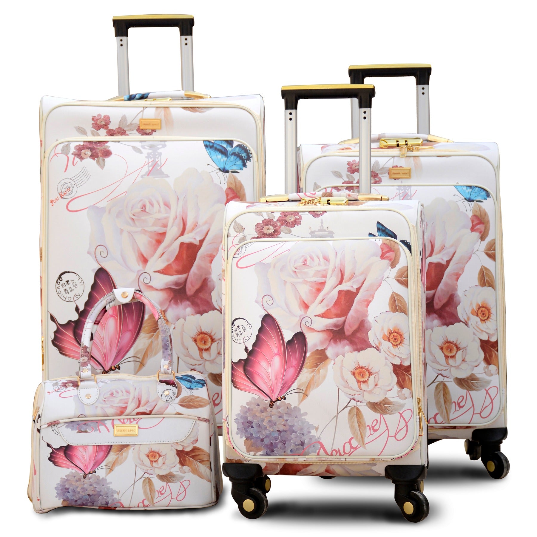 Butterfly Printed PU Leather Material Soft Shell Luggage Bag | 4 Pcs Set 7, 20, 24 and 28 inches