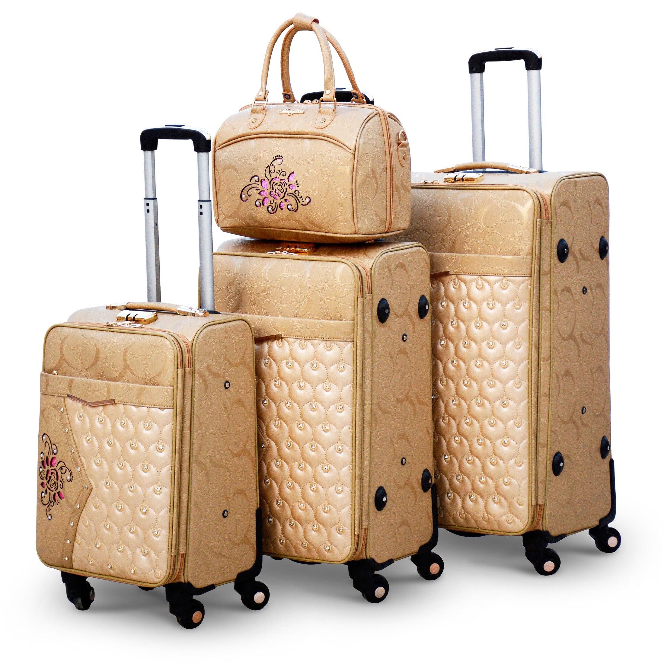 ASD PU Leather Luggage | Soft Shell Trolley Bag | 4 Pcs Set 7" 20" 24" 28 Inches | Gold with Stone