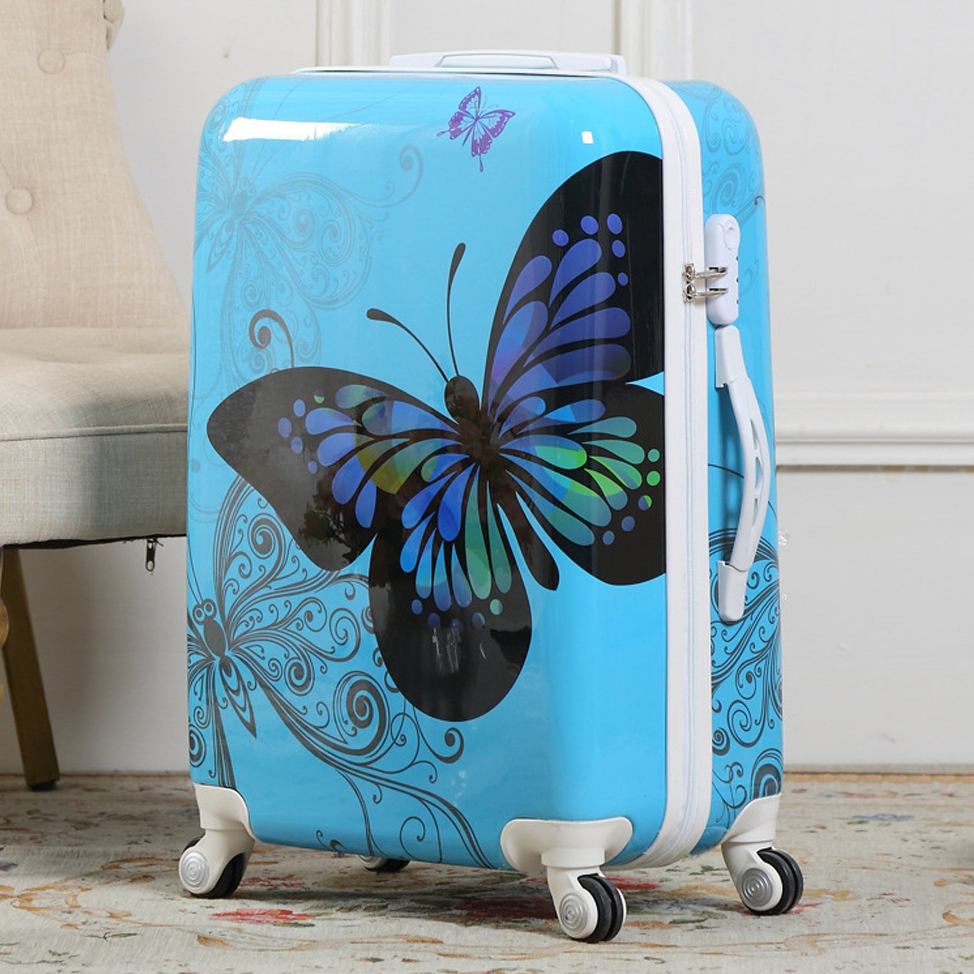 Printed Butterfly Blue Lightweight ABS Luggage