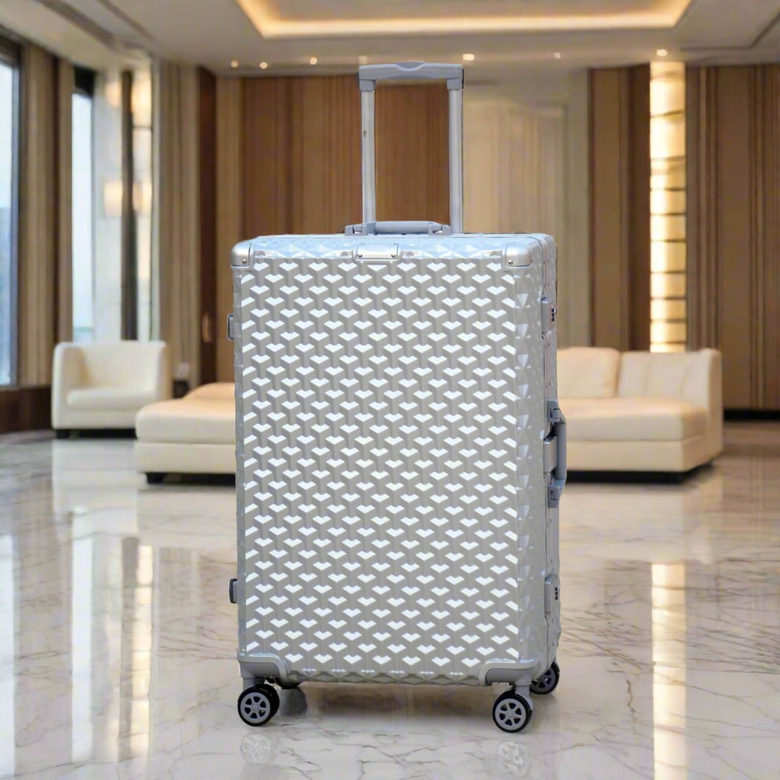 3 Piece Set 20" 24" 28 Inches Silver Aluminium Framed 3D Diamond Hard Shell without Zipper TSA Luggage