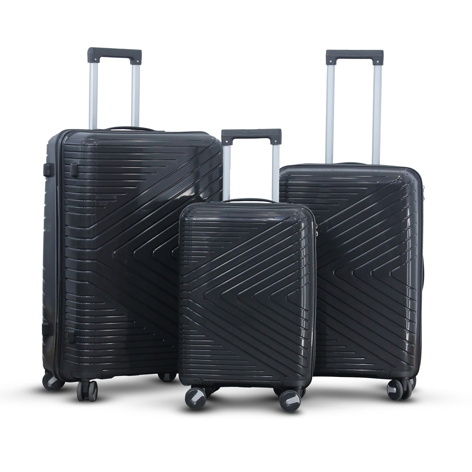 3 Piece Set 20" 24" 28 Inches Black Crossline PP Unbreakable Luggage Bag With Double Spinner Wheel