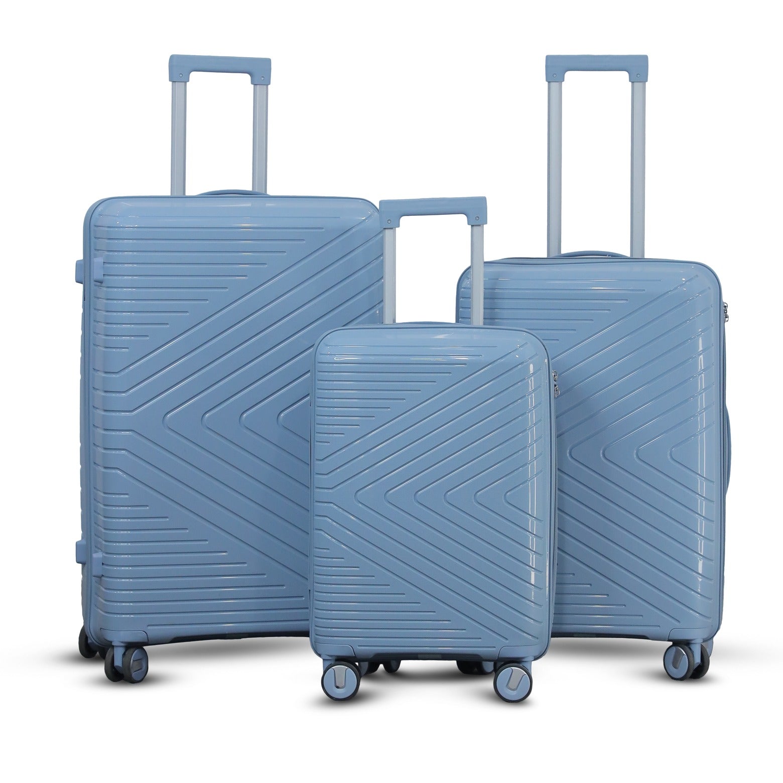 3 Piece Full Set 20" 24" 28 Inches Light Blue Colour Crossline PP Unbreakable Luggage Bag with Double Spinner Wheel Zaappy