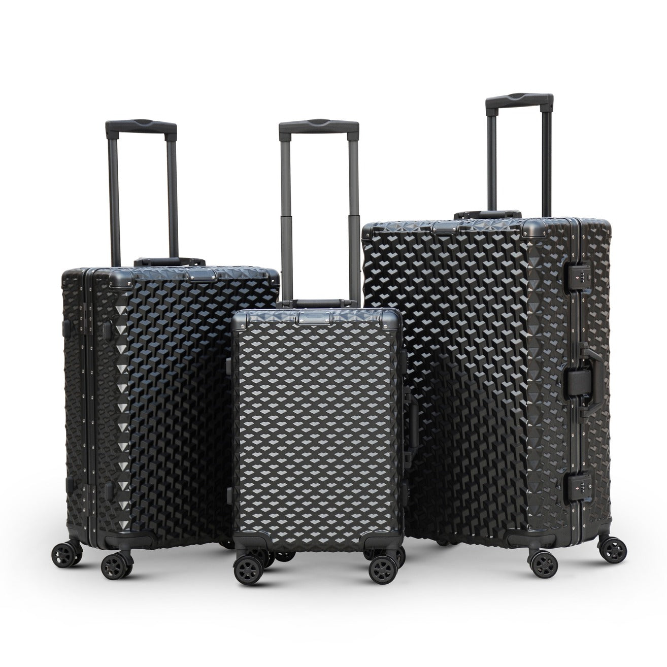 3 Piece Set 20" 24" 28 Inches Grey Aluminium Framed 3D Diamond Hard Shell Without Zipper TSA Luggage Bag