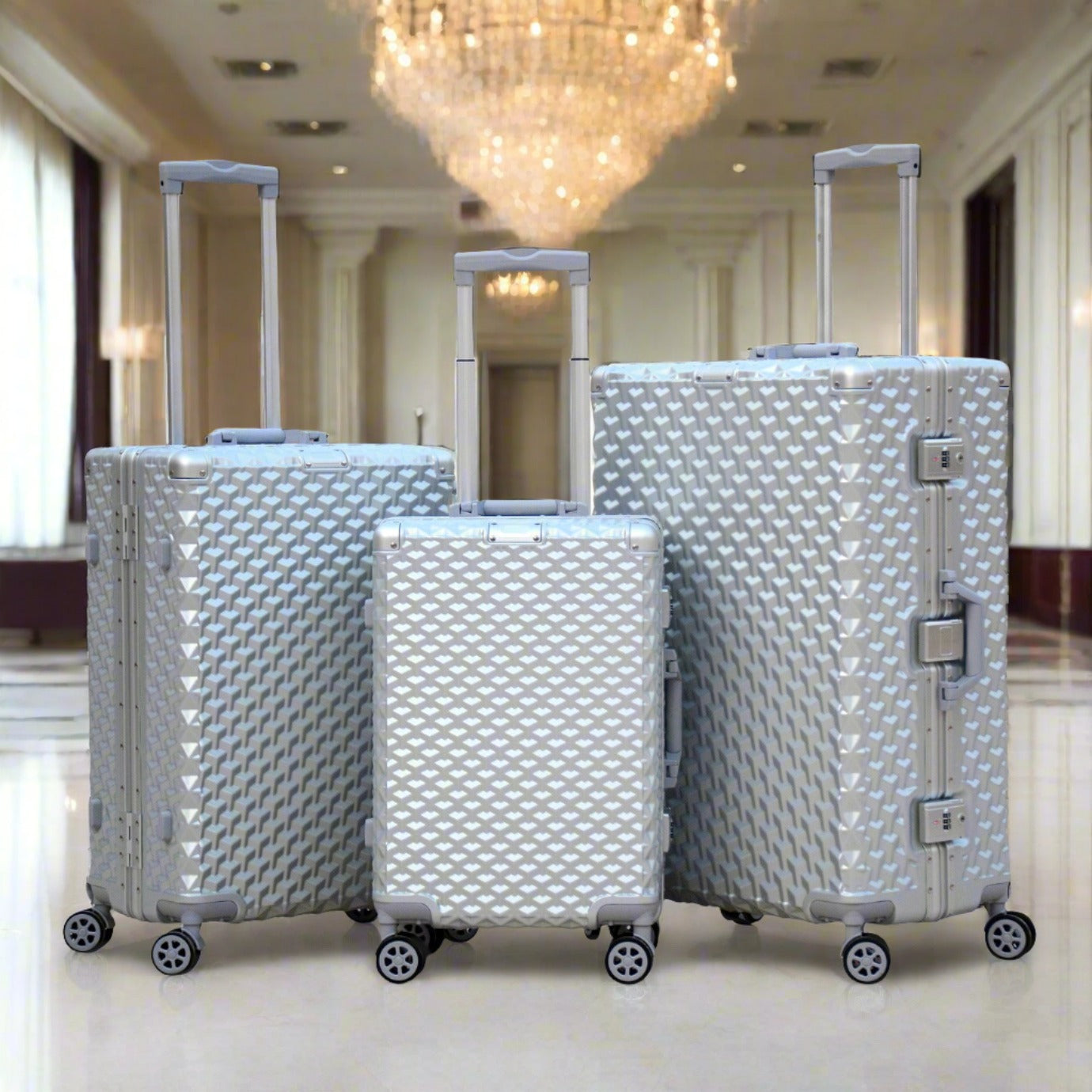 3 Piece Set 20" 24" 28 Inches Silver Aluminium Framed 3D Diamond Hard Shell without Zipper TSA Luggage