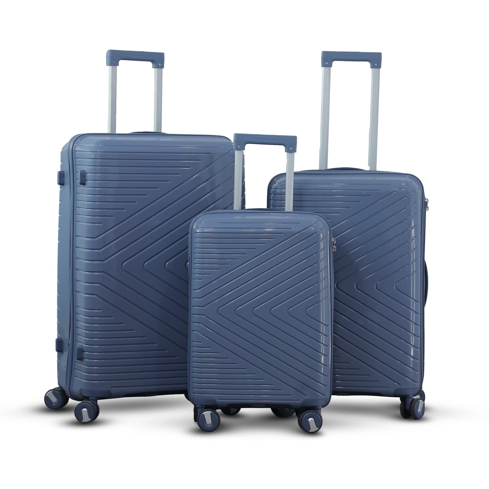 3 Piece Set 20" 24" 28 Inches Blue Crossline PP Unbreakable Luggage Bag With Double Spinner Wheel