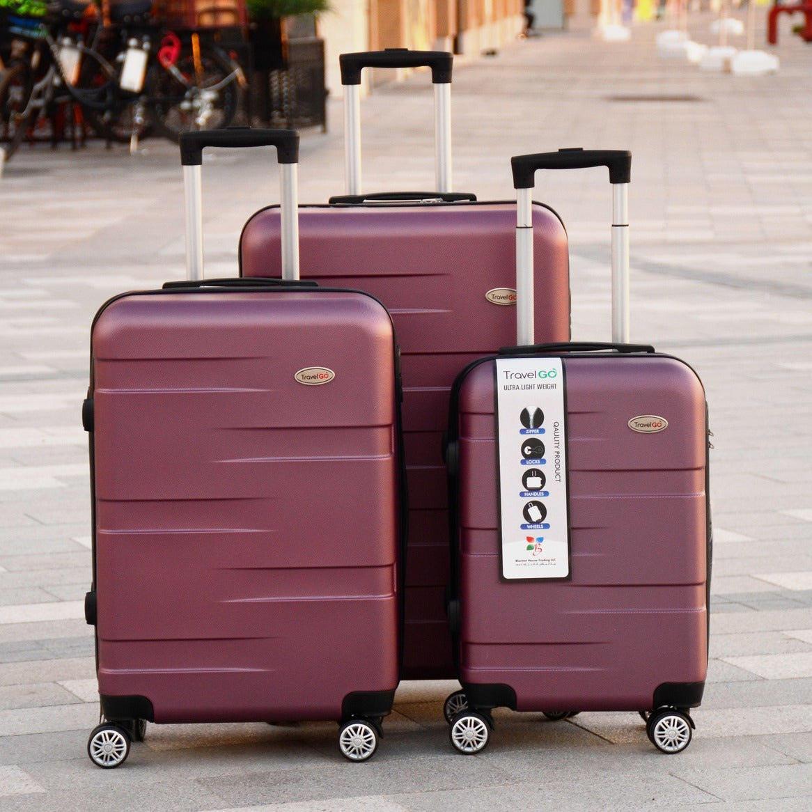 3 Piece Full Set 20" 24" 28 Inches Purplish Red Colour JIAN ABS 559 Luggage Lightweight Hard Case Trolley Bag With Spinner Wheel Zaappy.com