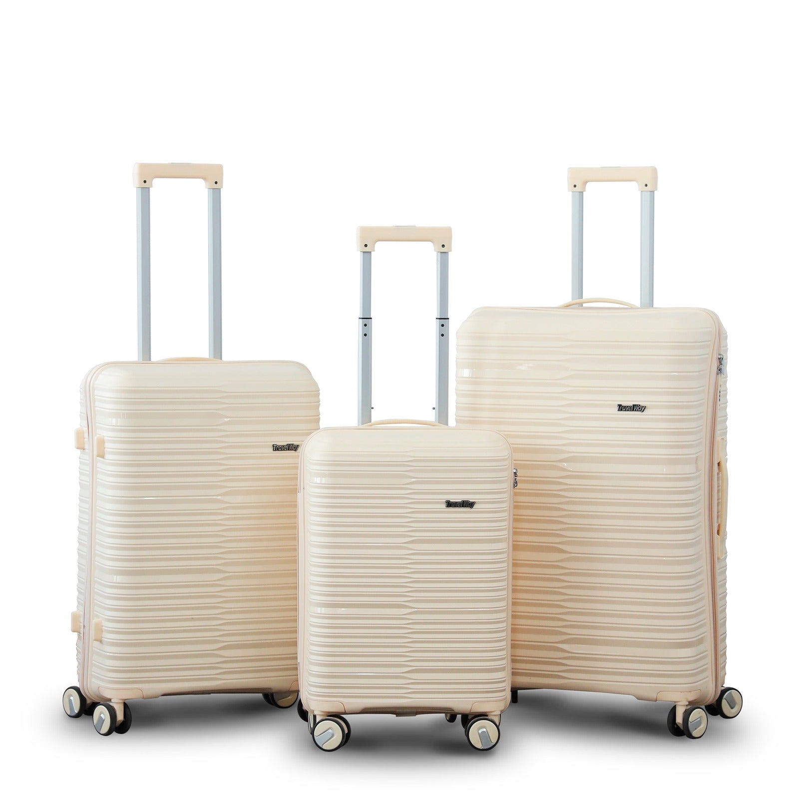 3 Piece Set 20" 24" 28 Inches Beige Travel Way PP Unbreakable Luggage Bag With Double Spinner Wheel