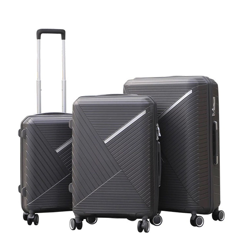 3 Piece Set 20" 24" 28 Inches Black Advanced PP Lightweight Luggage Bag With Double Spinner Wheel