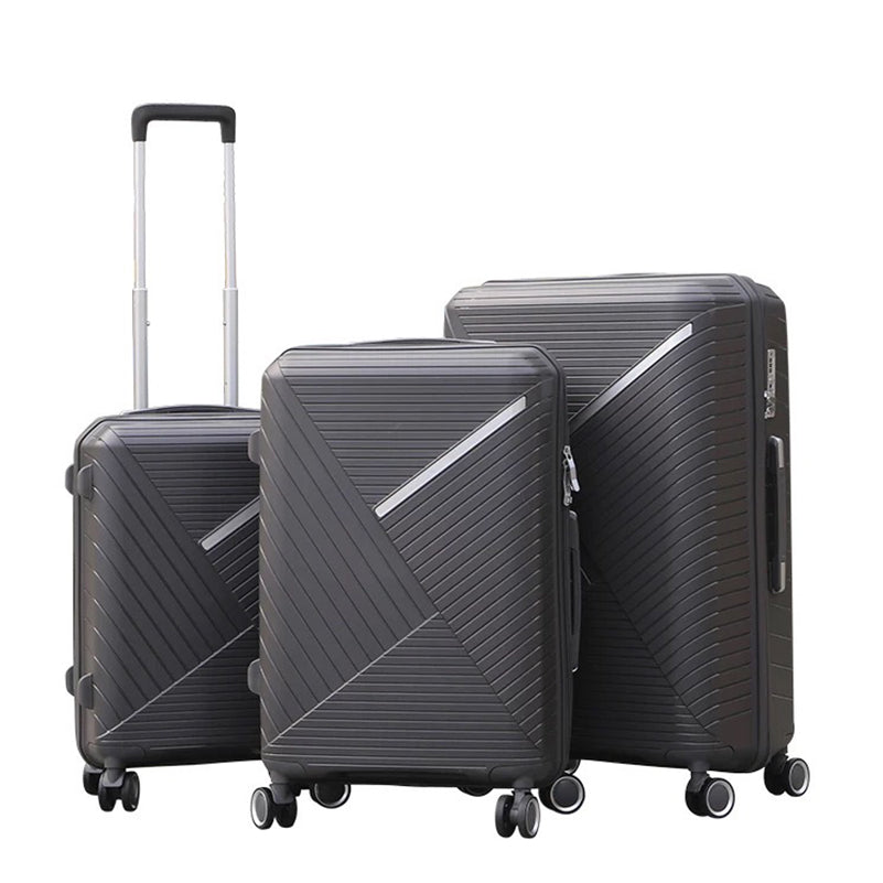 3 Piece Full Set 20" 24" 28 Inches Black Colour Advanced PP Luggage lightweight Hard Case Trolley Bag With Double Spinner Wheel Zaappy.com