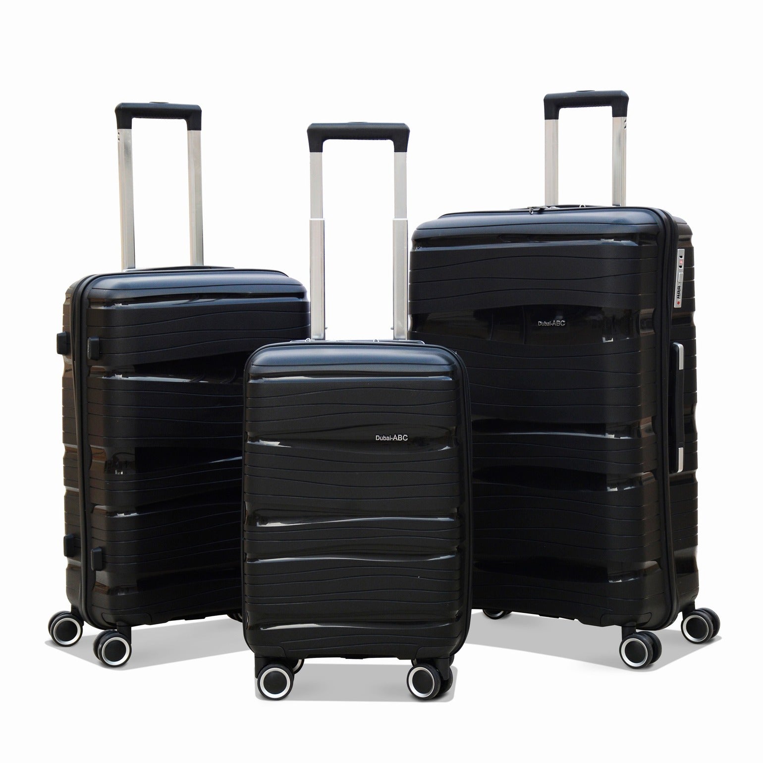 3 Piece Full Set 20" 24" 28 Inches Black Colour Royal PP Lightweight Hard Case Luggage Trolley Bag With Double Spinner Wheel