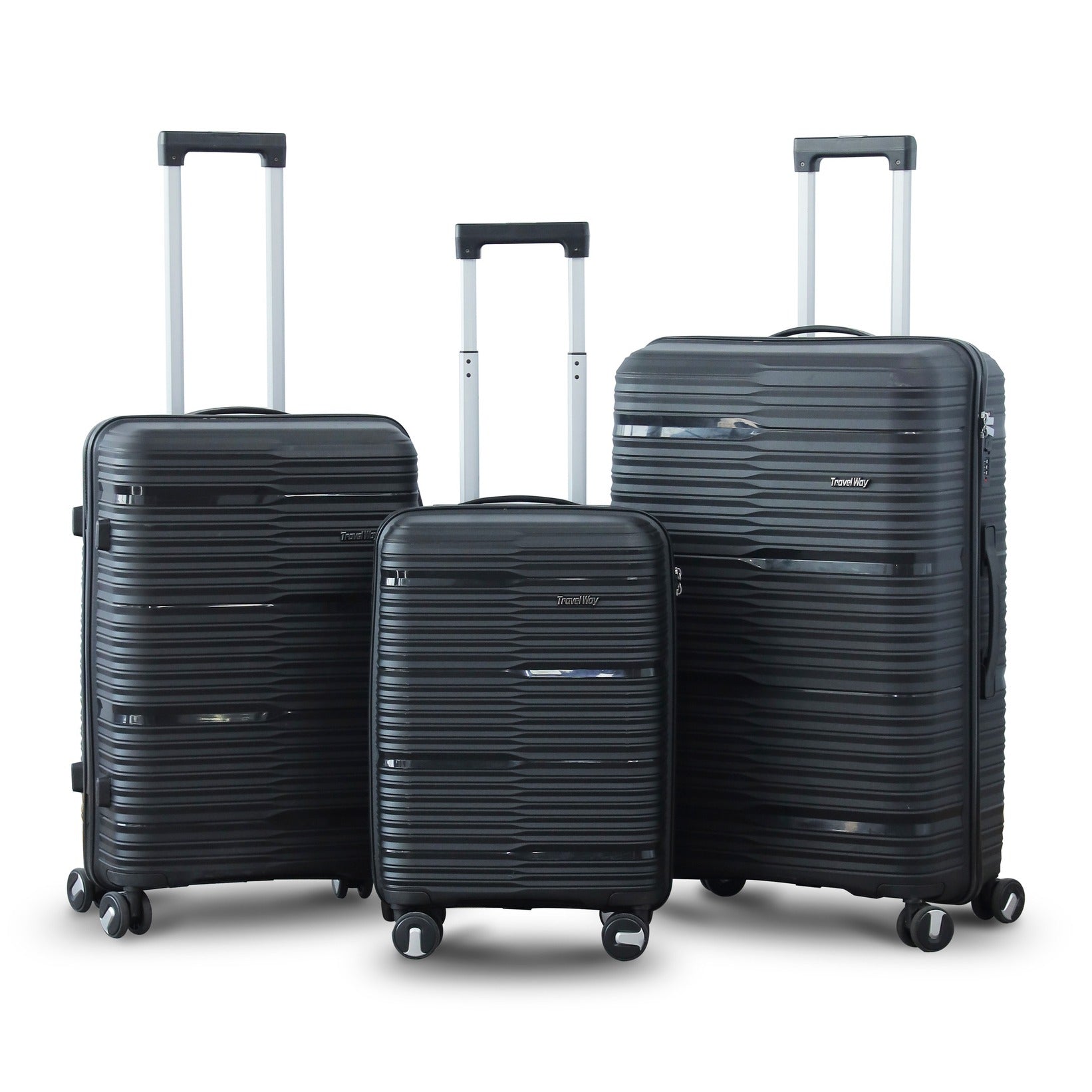 3 Piece Set 20" 24" 28 Inches Black Travel Way PP Unbreakable Luggage Bag With Double Spinner Wheel