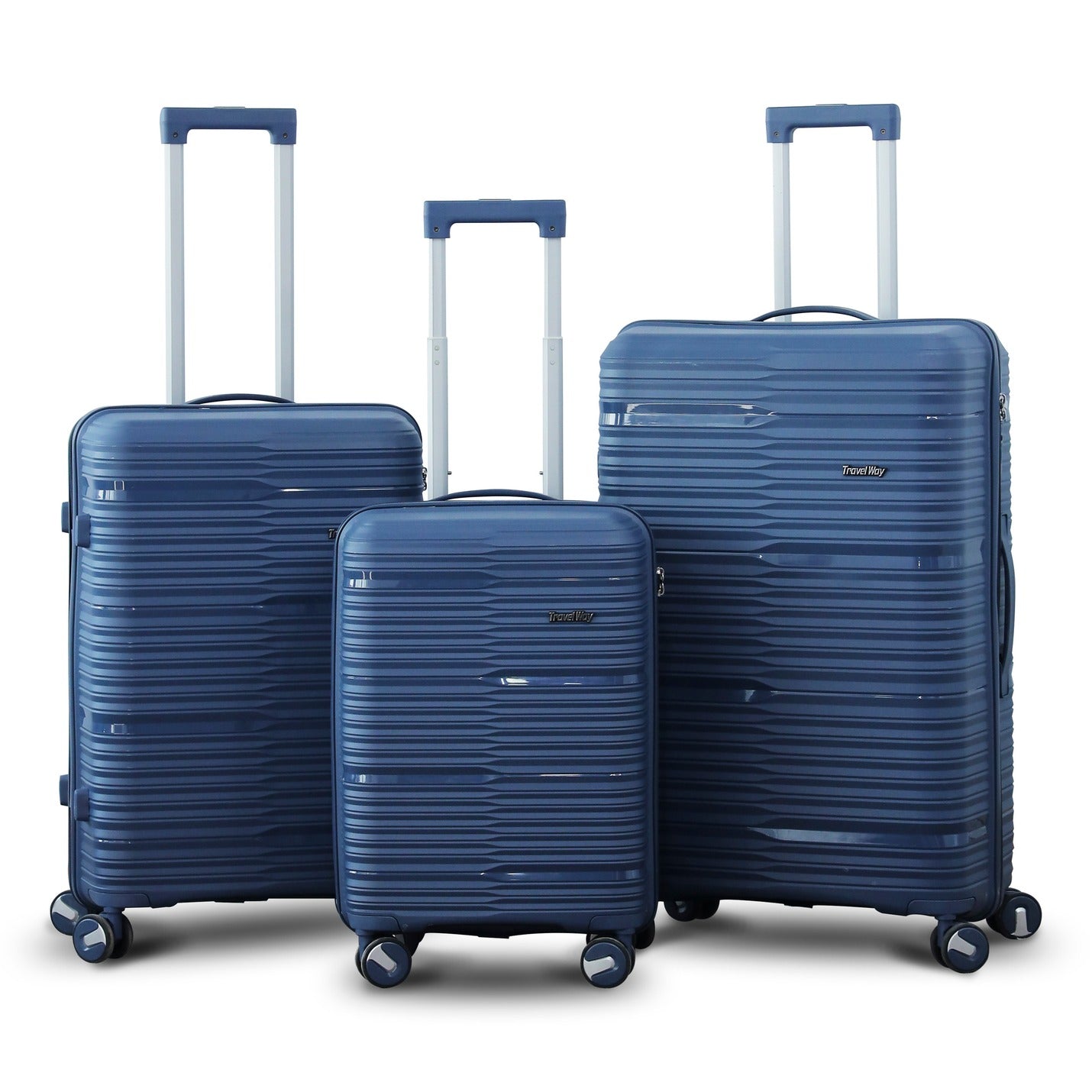 3 Piece Set 20" 24" 28 Inches Blue Travel Way PP Unbreakable Luggage Bag With Double Spinner Wheel