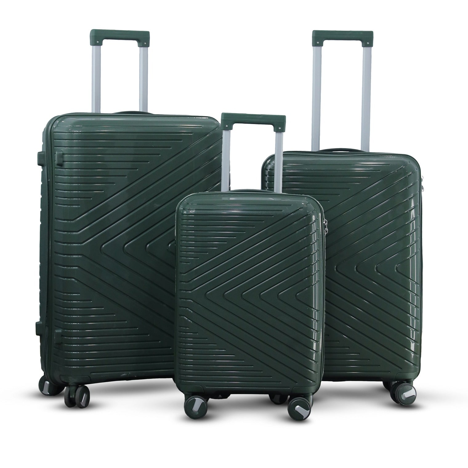 3 Piece Set 20" 24" 28 Inches Dark Green Crossline PP Unbreakable Luggage Bag With Double Spinner Wheel