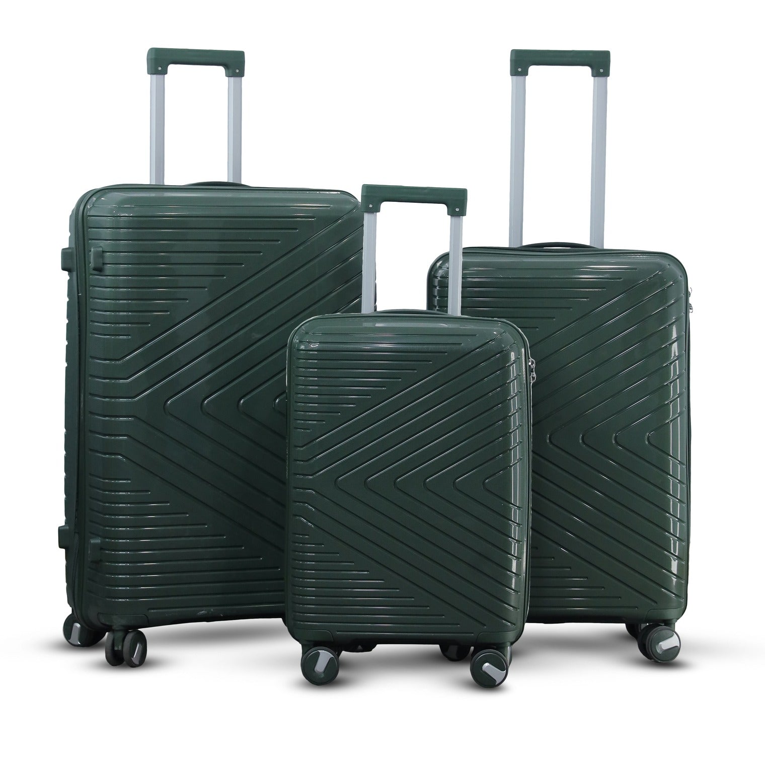 3 Piece Full Set 20" 24" 28 Inches Dark Green Colour Crossline PP Unbreakable Luggage Bag With Double Spinner Wheel