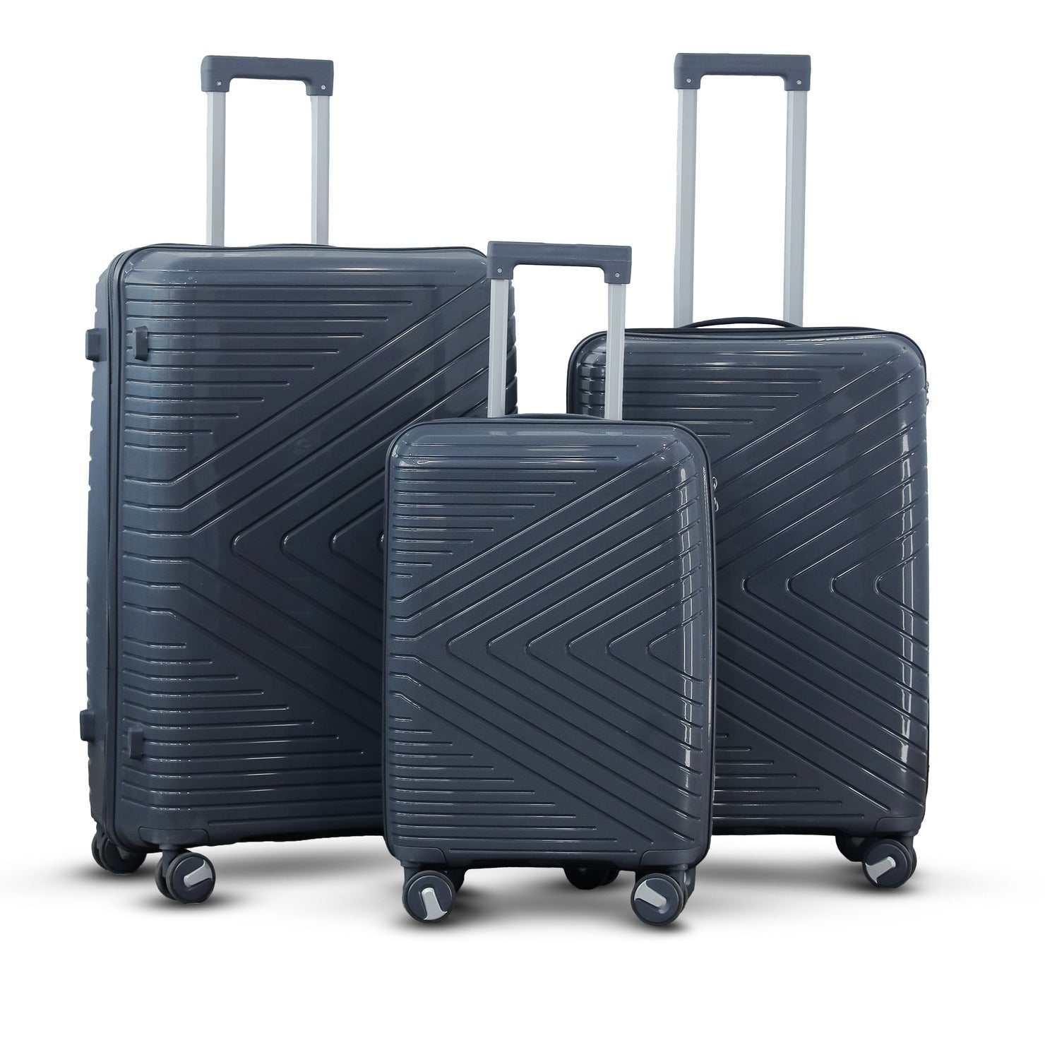 3 Piece Set 20" 24" 28 Inches Dark Grey Crossline PP Unbreakable Luggage Bag With Double Spinner Wheel
