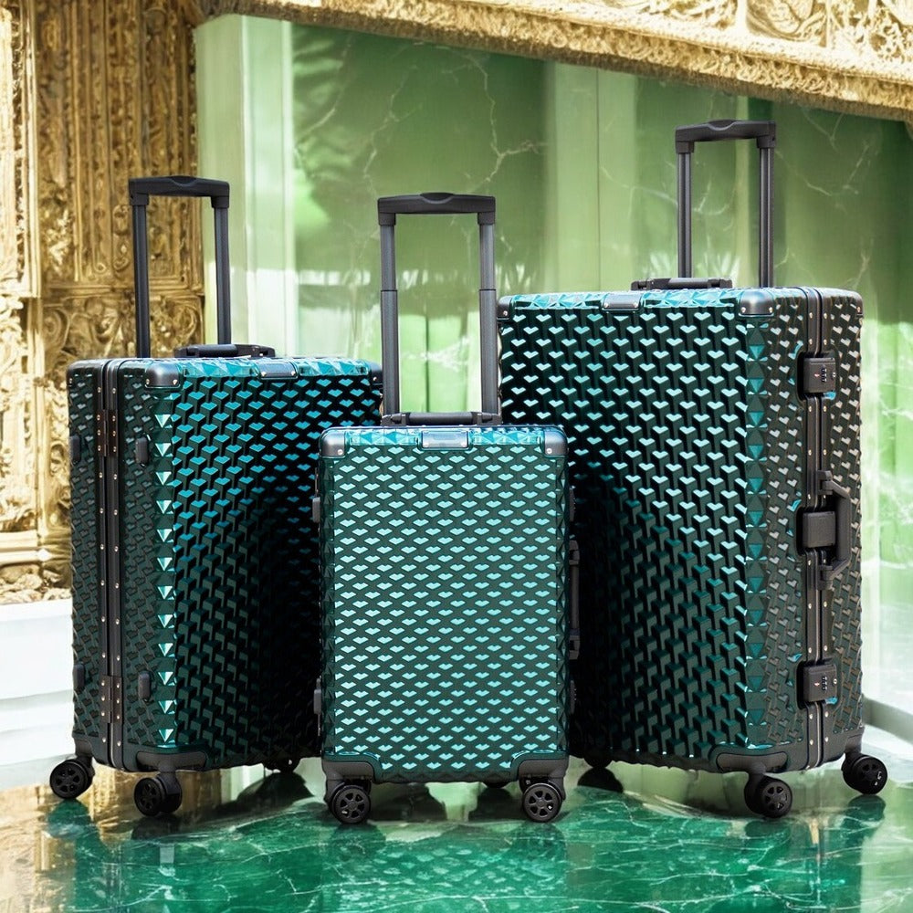 3 Piece Set 20" 24" 28 Inches Green Aluminium Framed 3D Diamond Hard Shell Without Zipper TSA Luggage