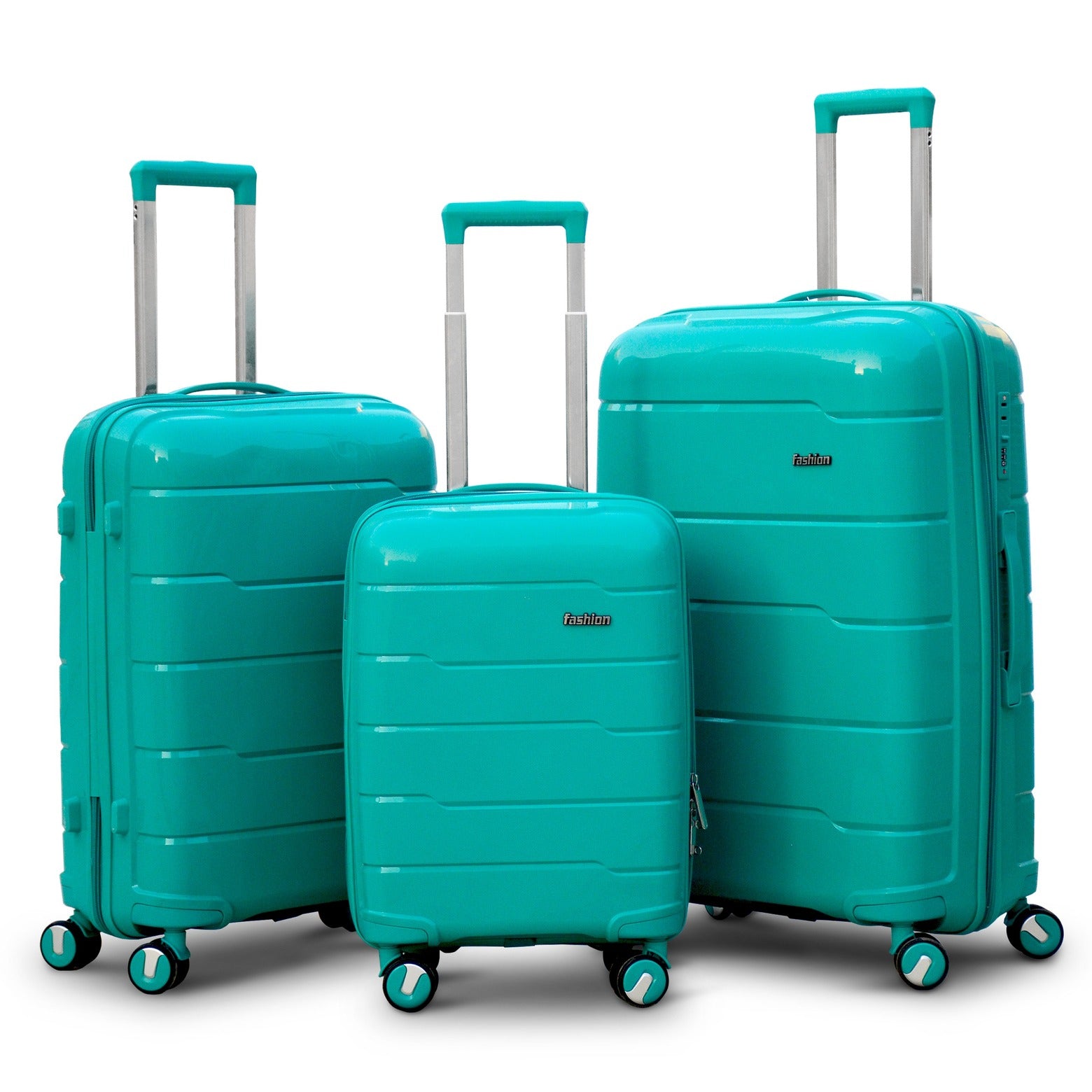 3 Piece Set 7" 20" 24" 28 Inches Dark Green Ceramic Smooth PP Lightweight Luggage Bag with Double Spinner Wheel