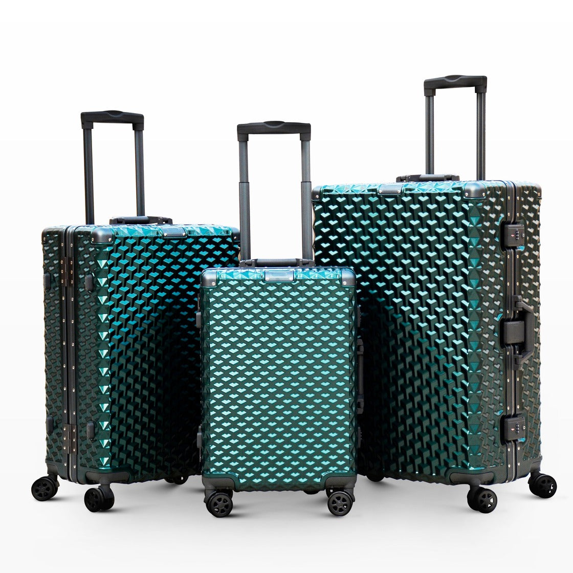 3 Piece Set 20" 24" 28 Inches Green Aluminium Framed 3D Diamond Hard Shell Without Zipper TSA Luggage