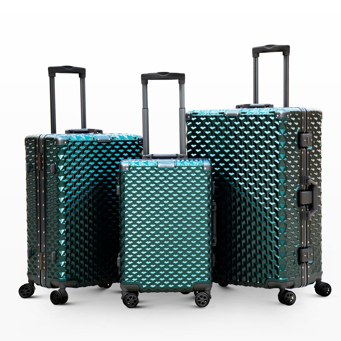3 Piece Set 20" 24" 28 Inches Green Colour Aluminium Framed 3D Diamond ABS Hard Shell Without Zipper Luggage Zaappy.com