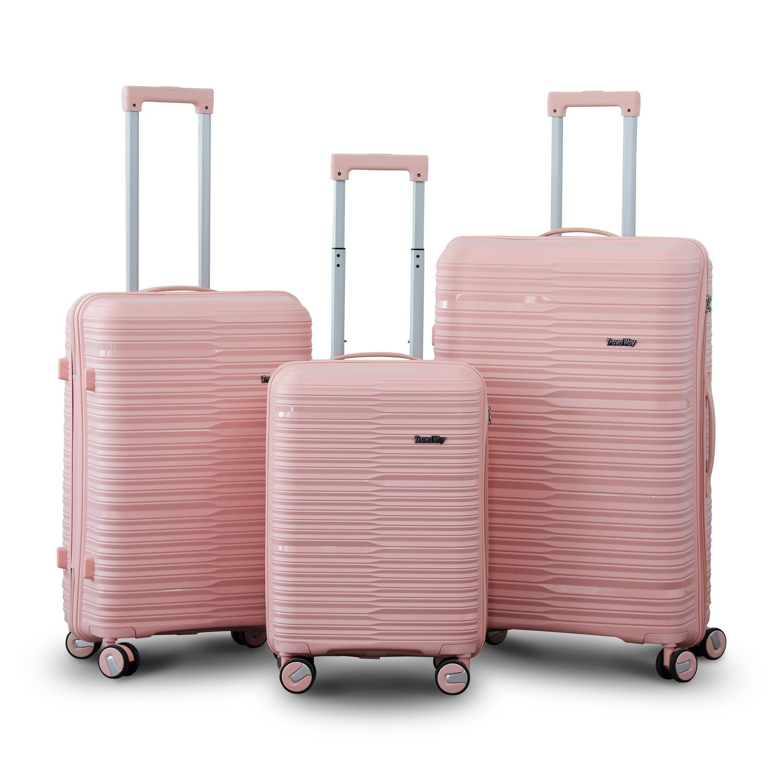 3 Piece Full Set 20" 24" 28 Inches Pink Colour Travel Way PP Unbreakable Luggage Bag with Double Spinner Wheel Zaappy