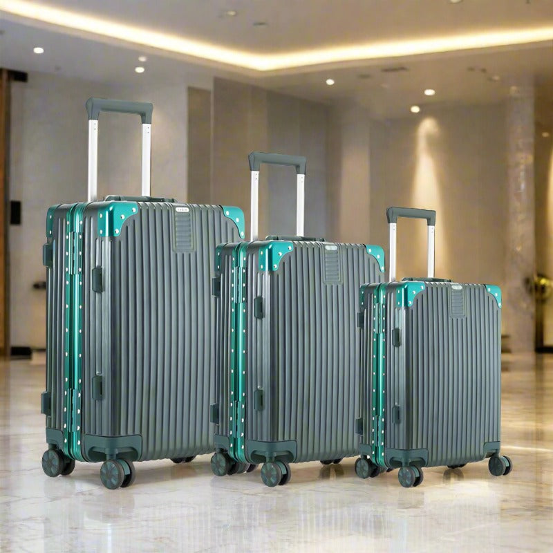 3 Piece Set 20" 24" 28 Inches Green Aluminium Framed Hard Shell Without Zipper TSA Spinner Wheel Luggage Bag