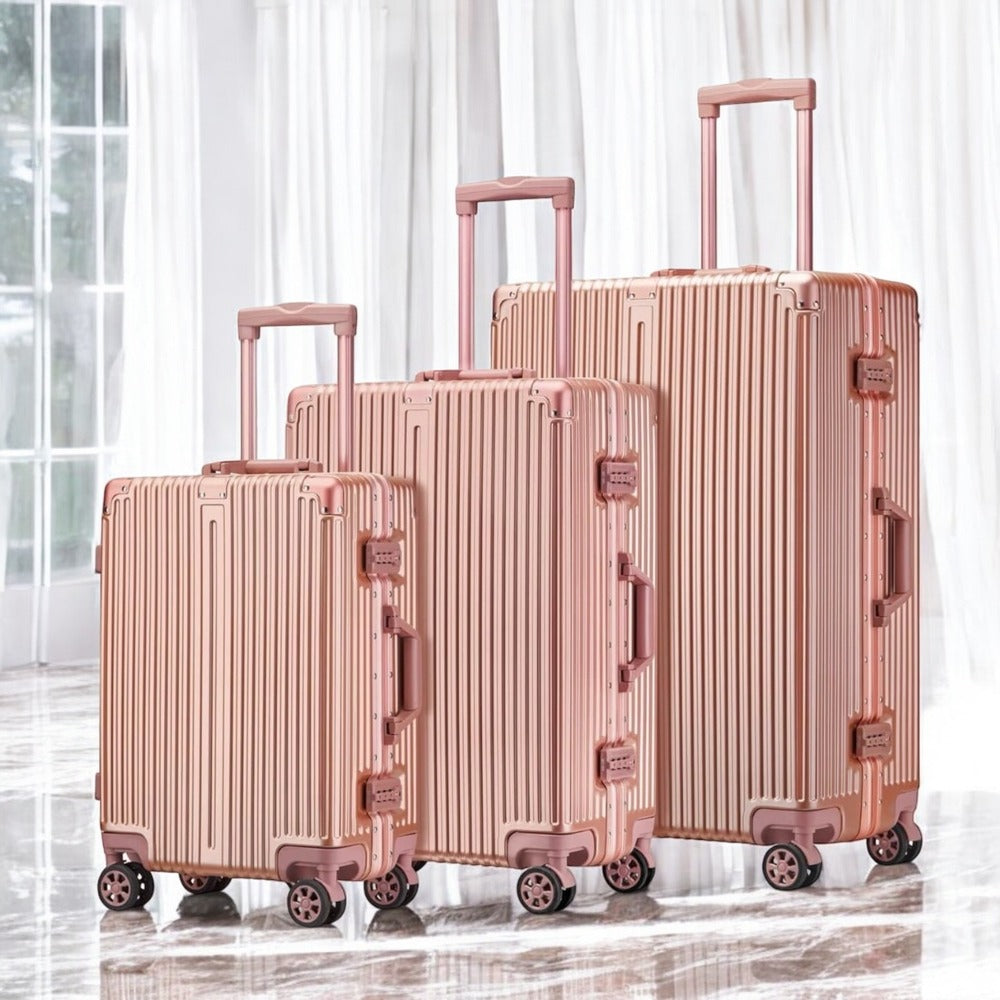 3 Piece Set 20" 24" 28 Inches Rose Gold Colour Aluminium Framed ABS Hard Shell Without Zipper TSA Luggage Zaappy.com