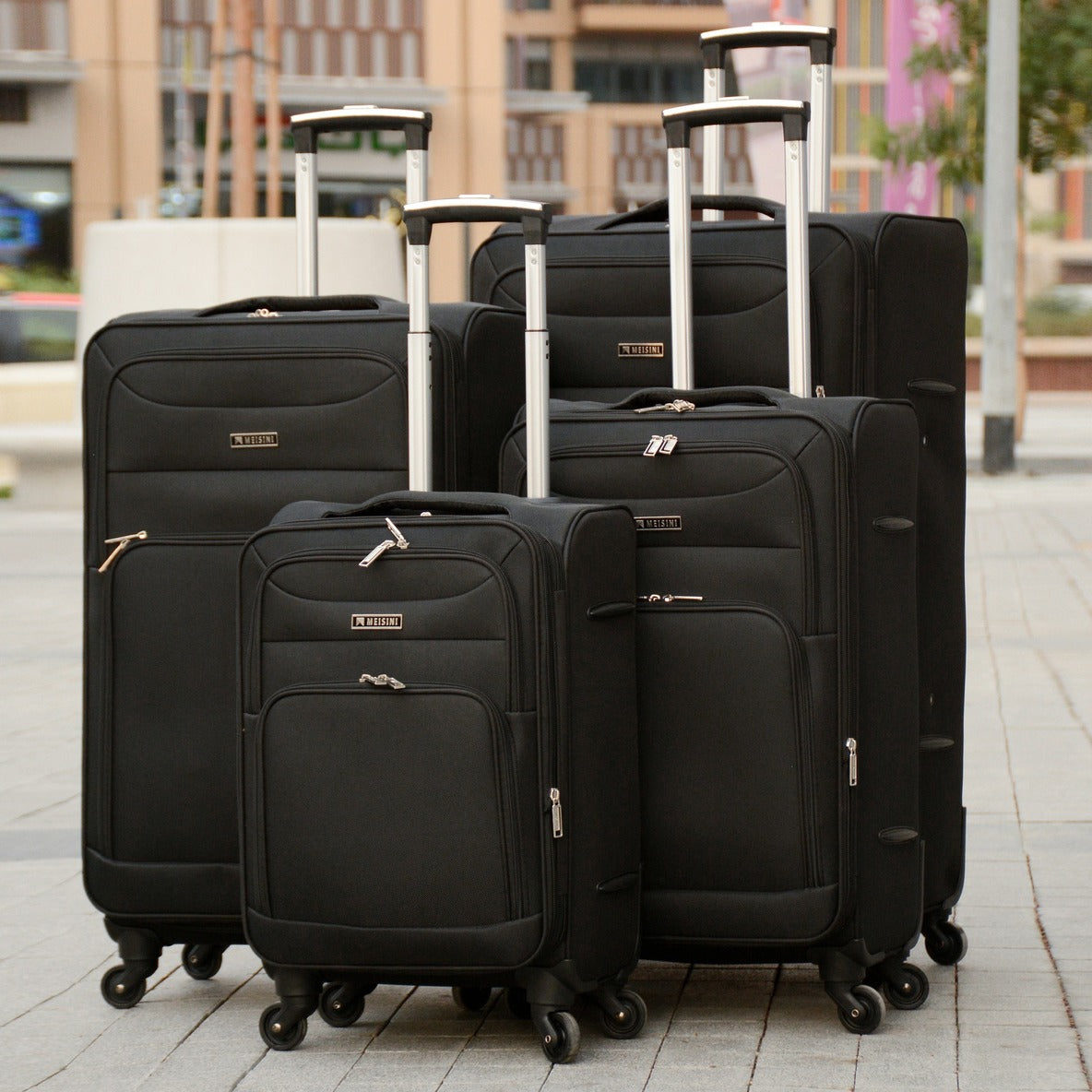 4 Piece Full Set 20" 24" 28" 32 Inches Black Colour LP 4 Wheel 0169 Lightweight Soft Material Luggage Bag