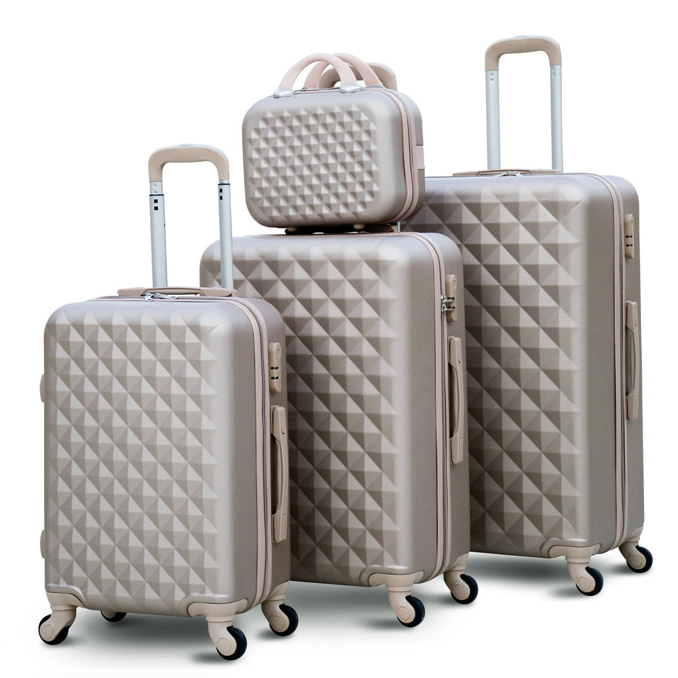 4 Piece Full Set 7" 20" 24" 28 Inches Gold Colour Diamond Cut ABS Lightweight Luggage Bag With Spinner Wheel