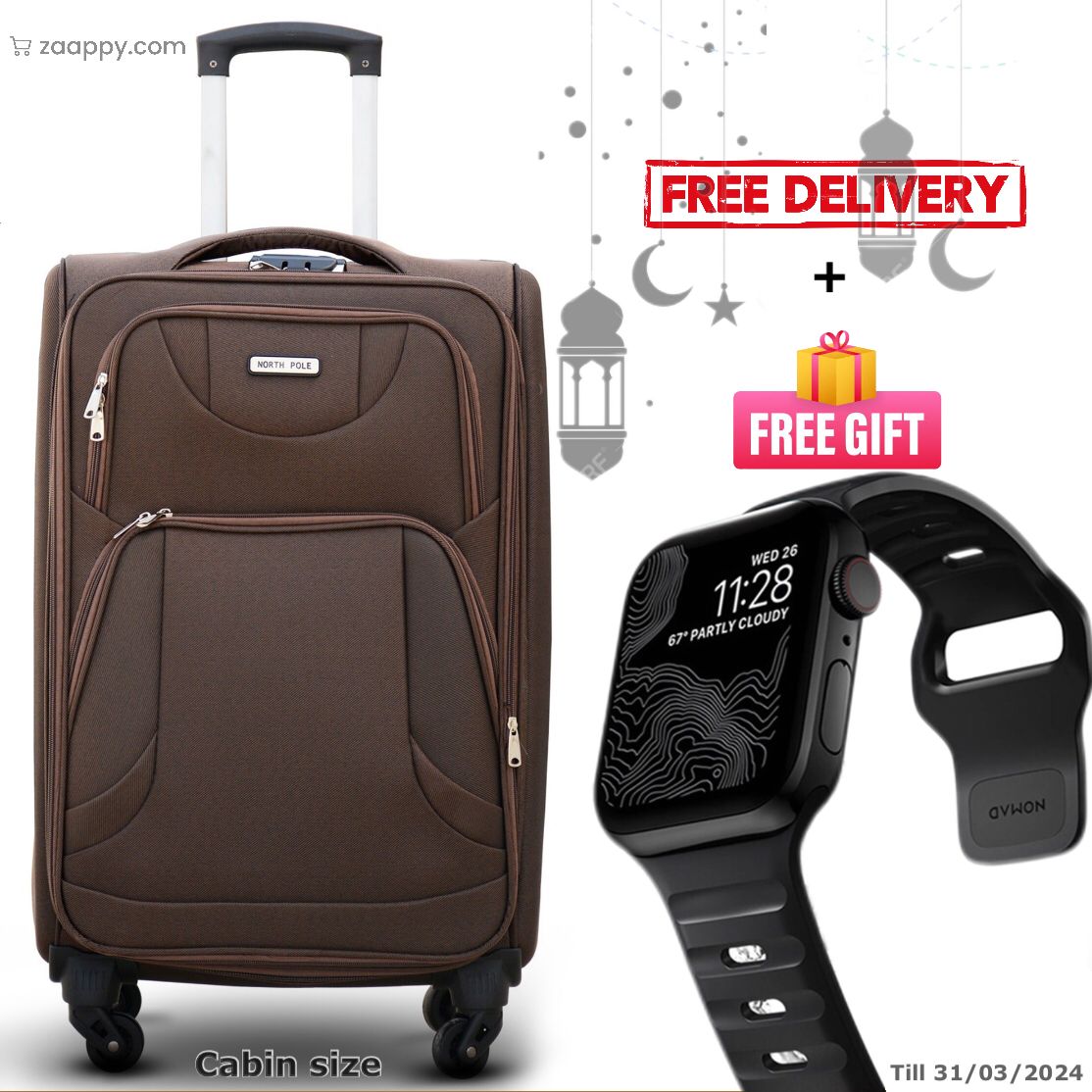 20" Soft Material Cabin Size 4 Wheel Luggage Bag With Smartwatch Combo Gift | 7-10 Kg Capacity