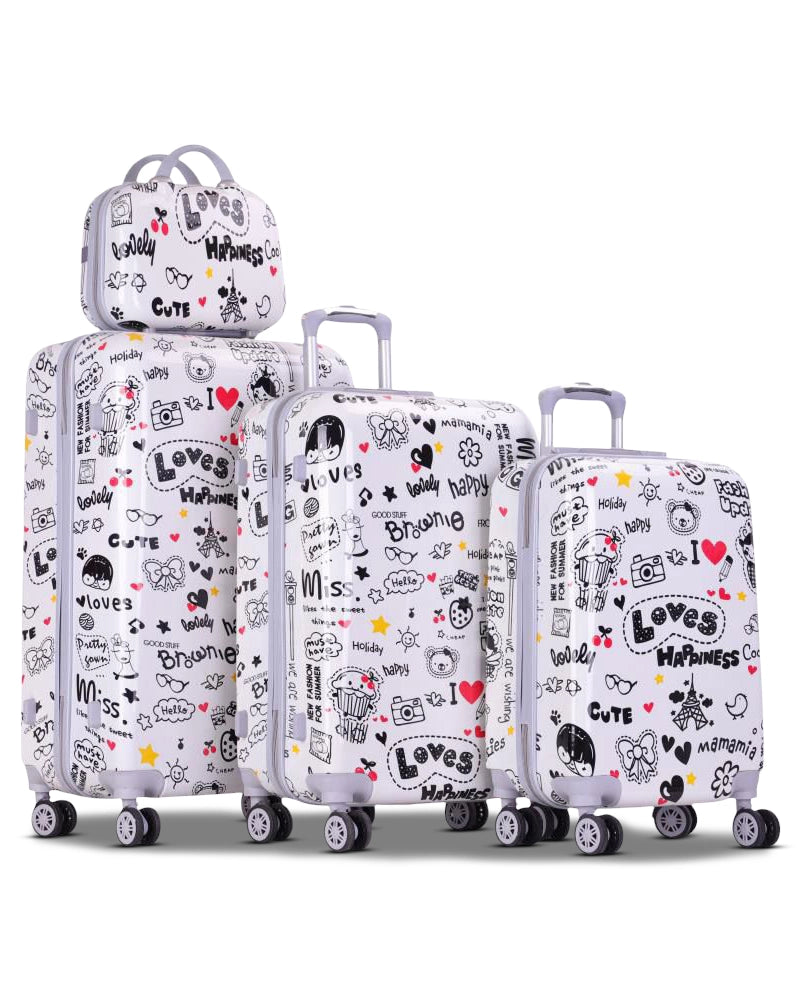 4 Pcs Set 7, 20, 24 and 28 Inch ABS Printed White 4 Spinner Wheel Luggage Bag | Lovely Trolley White