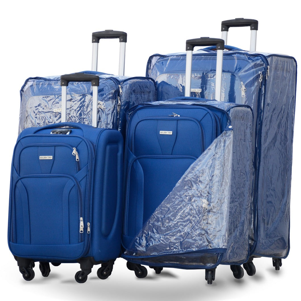 4 Wheel Premium Soft Material Luggage Bag Blue with Cover | Luggage With Cover