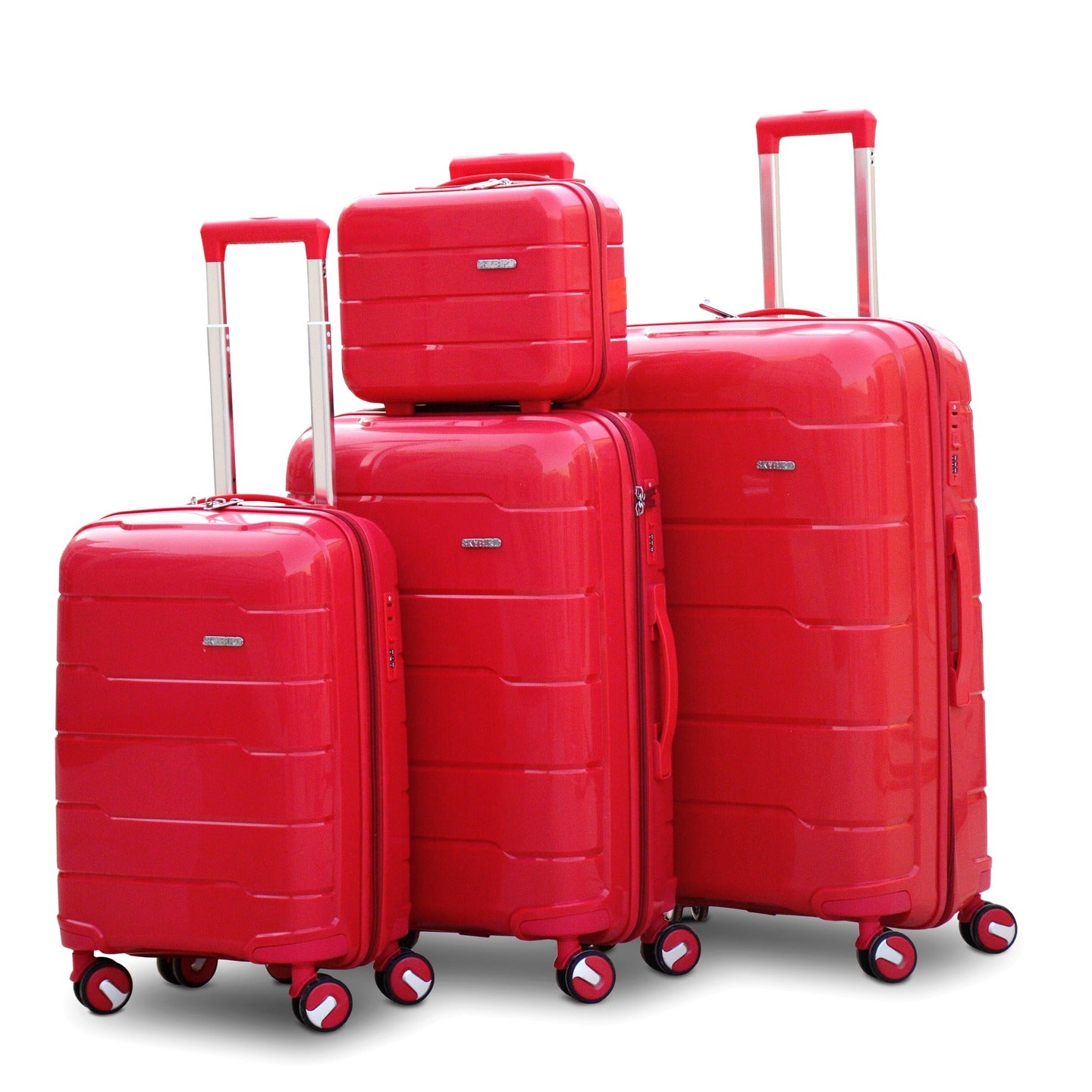 4 Piece Set 7" 20" 24" 28 Inches Red Ceramic Smooth PP Lightweight Luggage Bag with Double Spinner Wheels