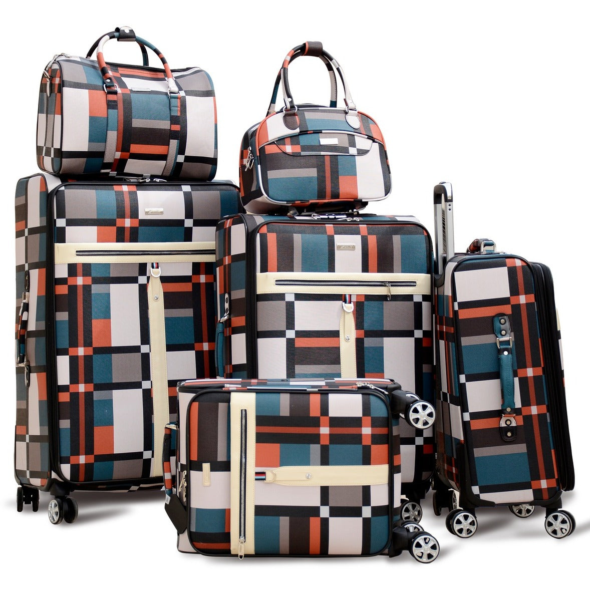 6 Piece Set 20" 24" 28" 32 Inches PU Leather Check Lightweight Spinner Wheel Luggage Bag