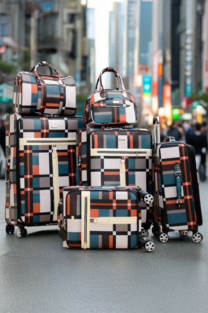 6 Piece Set 20, 24, 28 and 32 Inches PU Leather Check Lightweight Spinner Wheel Luggage Bag and Beauty Bags