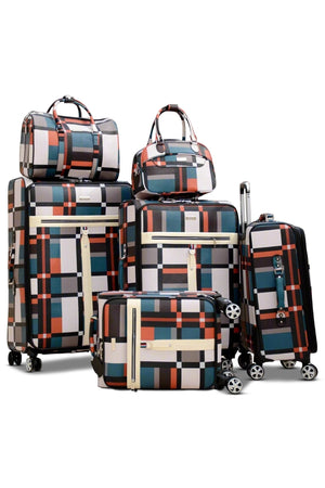 6 Piece Set 20, 24, 28 and 32 Inches PU Leather Check Lightweight Spinner Wheel Luggage Bag and Beauty Bags