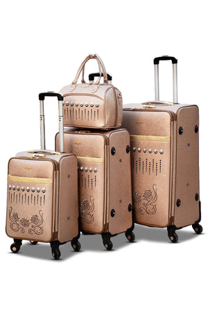 ASD PU Leather Line-Stone Rose Gold Luggage Bag | 4 Pcs Set 7, 20, 24 and 28 Inches